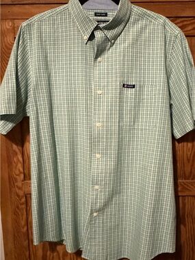 Chaps Men's Green Plaid Short-Sleeve Button-Down Shirt Cotton Blend Large EUC
